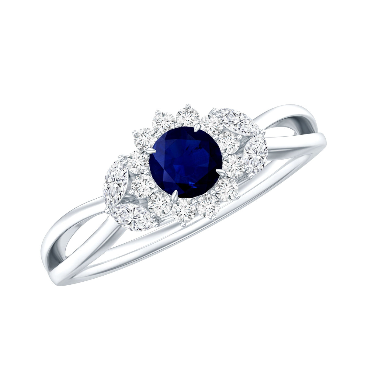 Blue Sapphire Engagement Ring, Diamond Flower Halo Split Shank