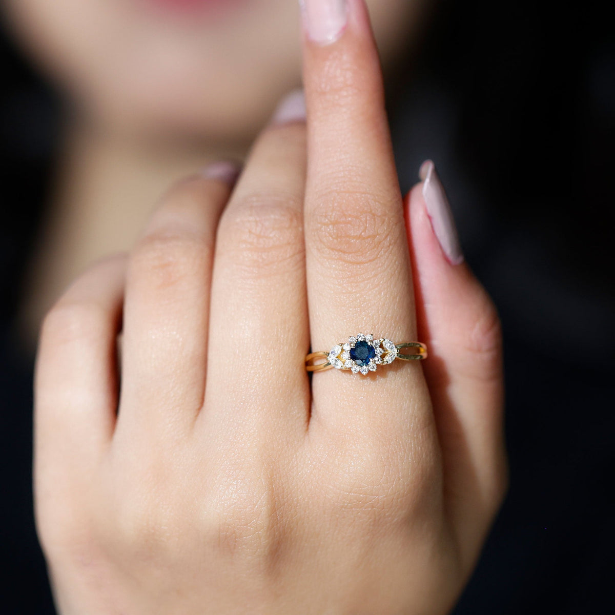 Blue Sapphire Engagement Ring, Diamond Flower Halo Split Shank