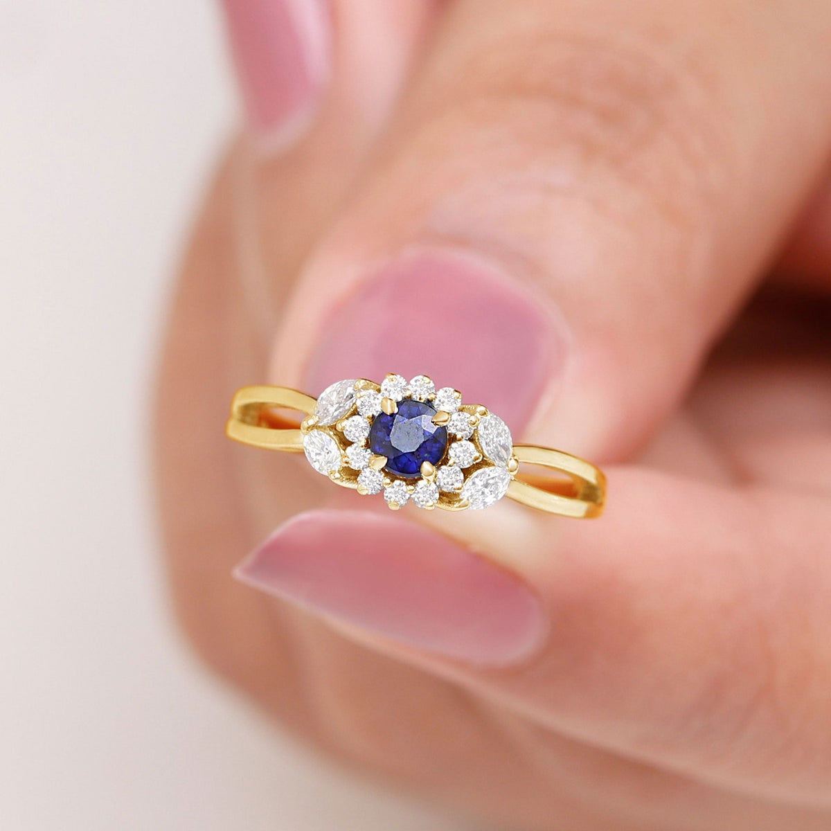 Blue Sapphire Engagement Ring, Diamond Flower Halo Split Shank