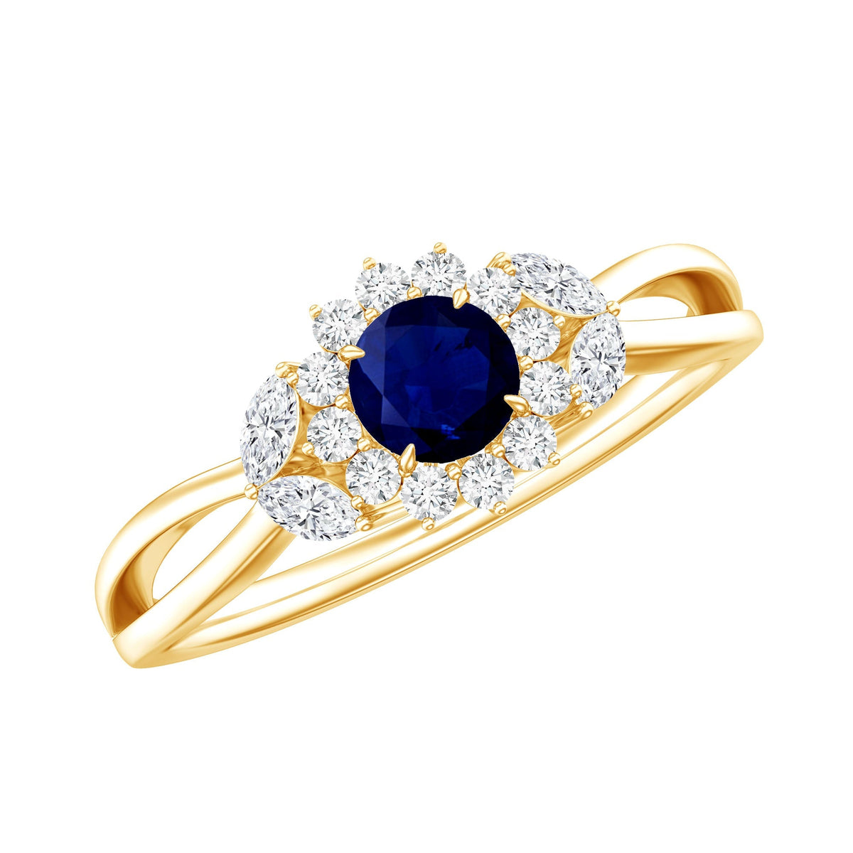 Blue Sapphire Engagement Ring, Diamond Flower Halo Split Shank