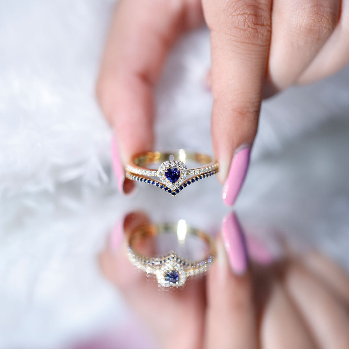 Blue Sapphire Engagement Ring, Diamond Heart Halo Wedding Set