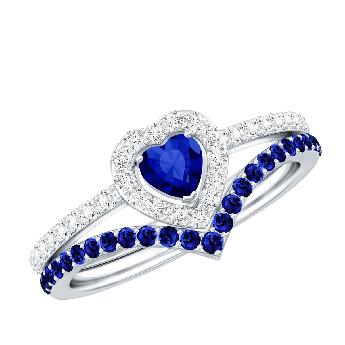 Blue Sapphire Engagement Ring, Diamond Heart Halo Wedding Set