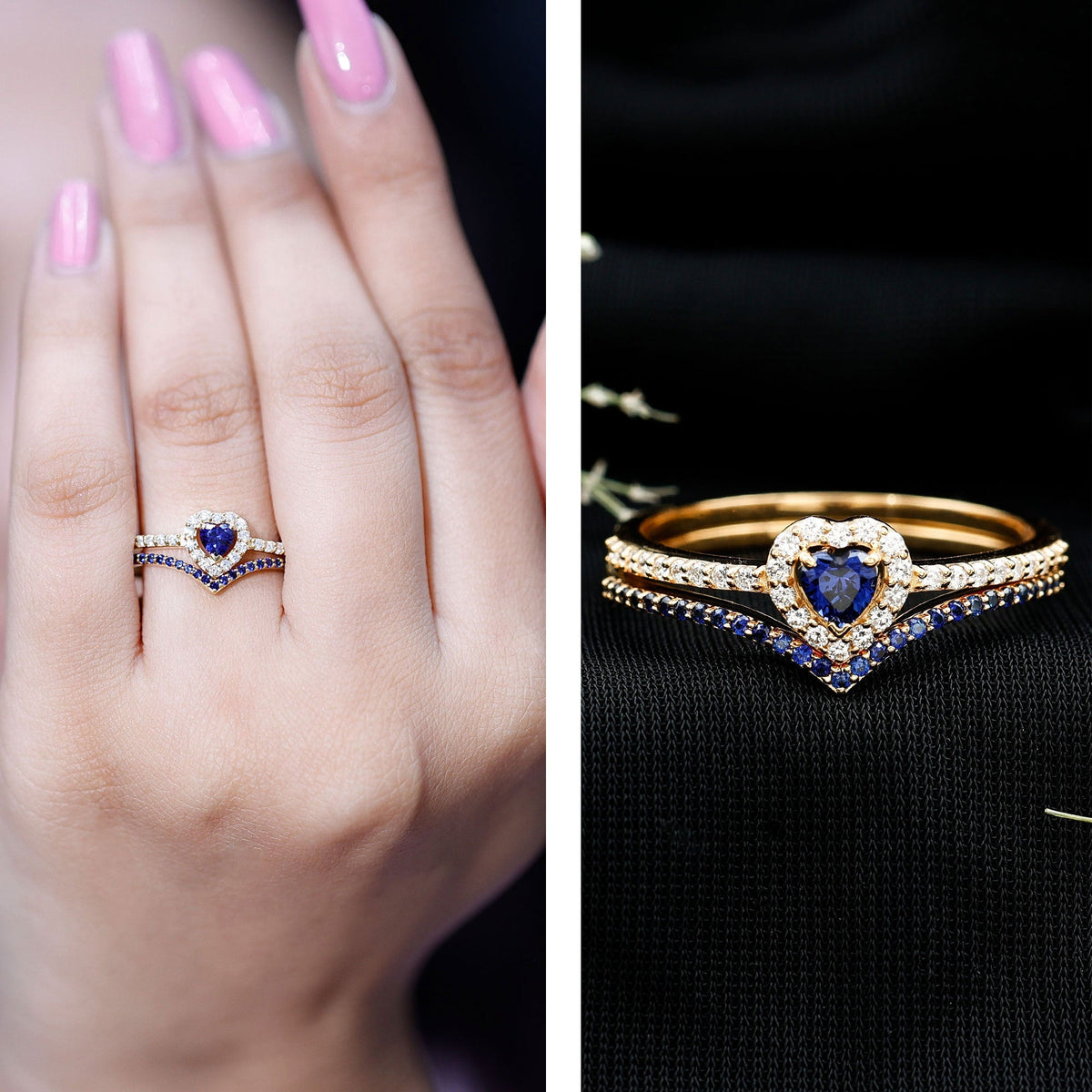 Blue Sapphire Engagement Ring, Diamond Heart Halo Wedding Set