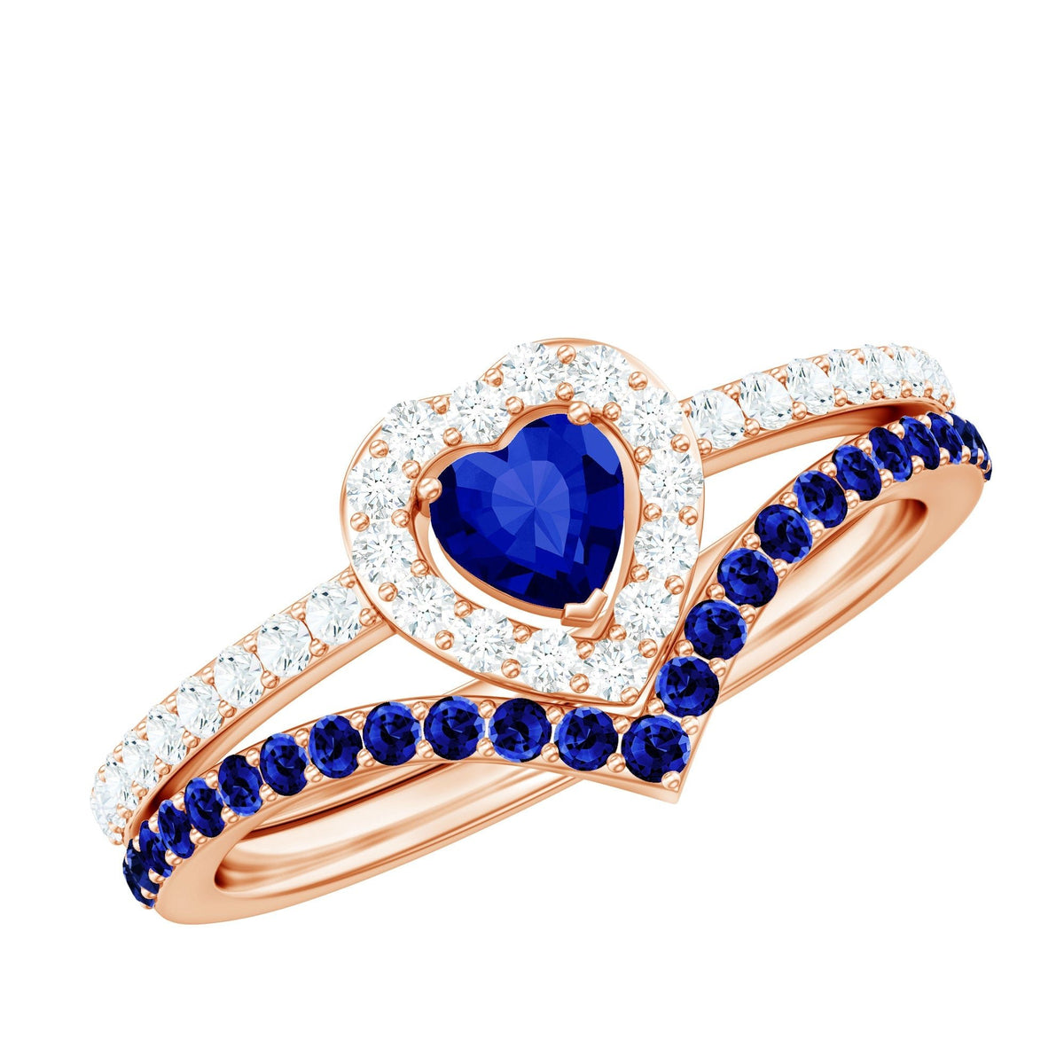 Blue Sapphire Engagement Ring, Diamond Heart Halo Wedding Set