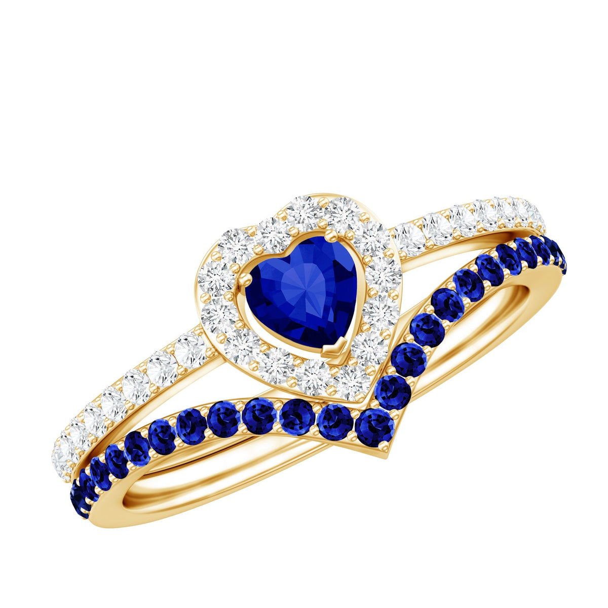 Blue Sapphire Engagement Ring, Diamond Heart Halo Wedding Set