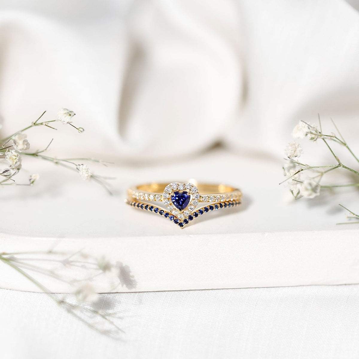 Blue Sapphire Engagement Ring, Diamond Heart Halo Wedding Set