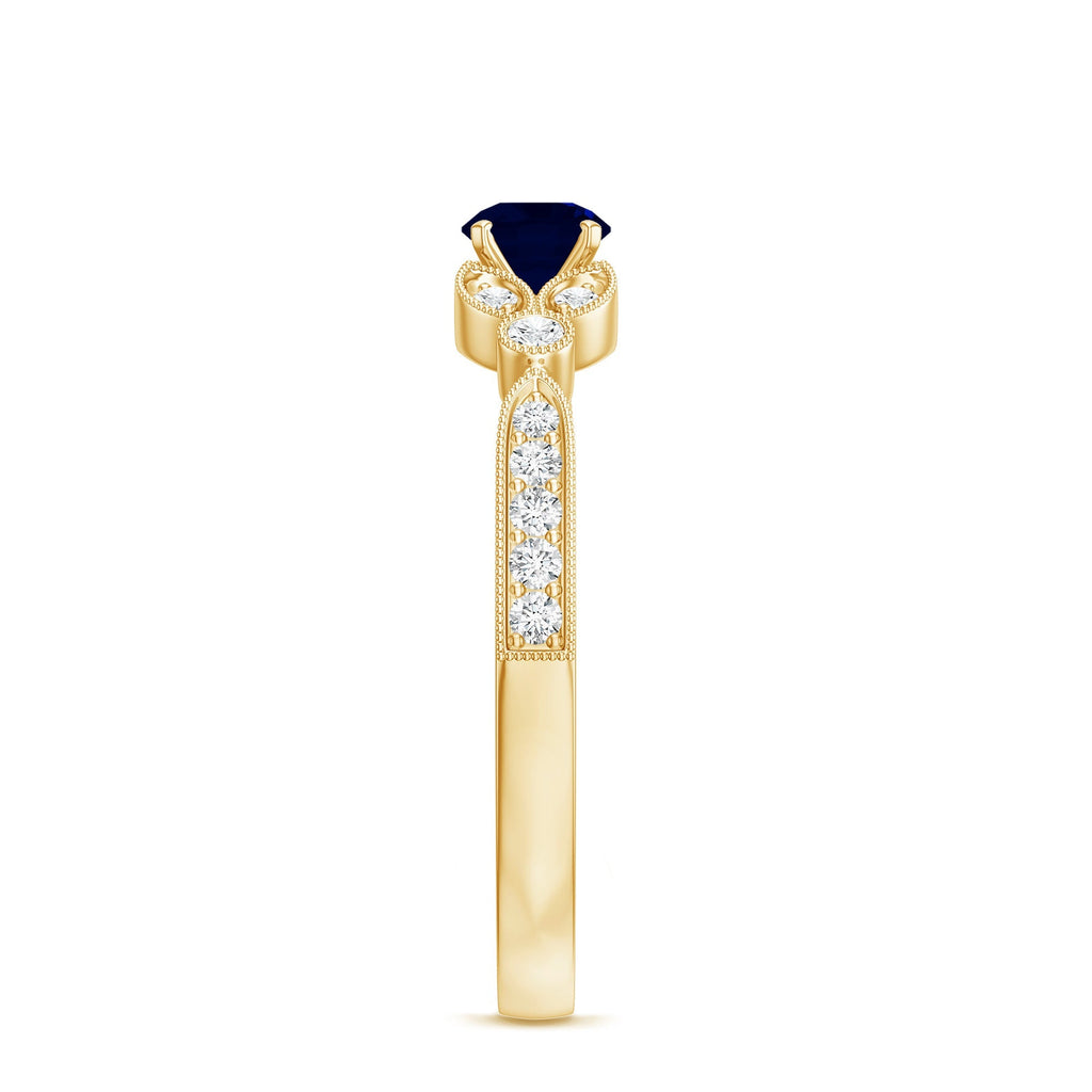 Blue Sapphire Engagement Ring, Diamond Milgrain Art Deco Band