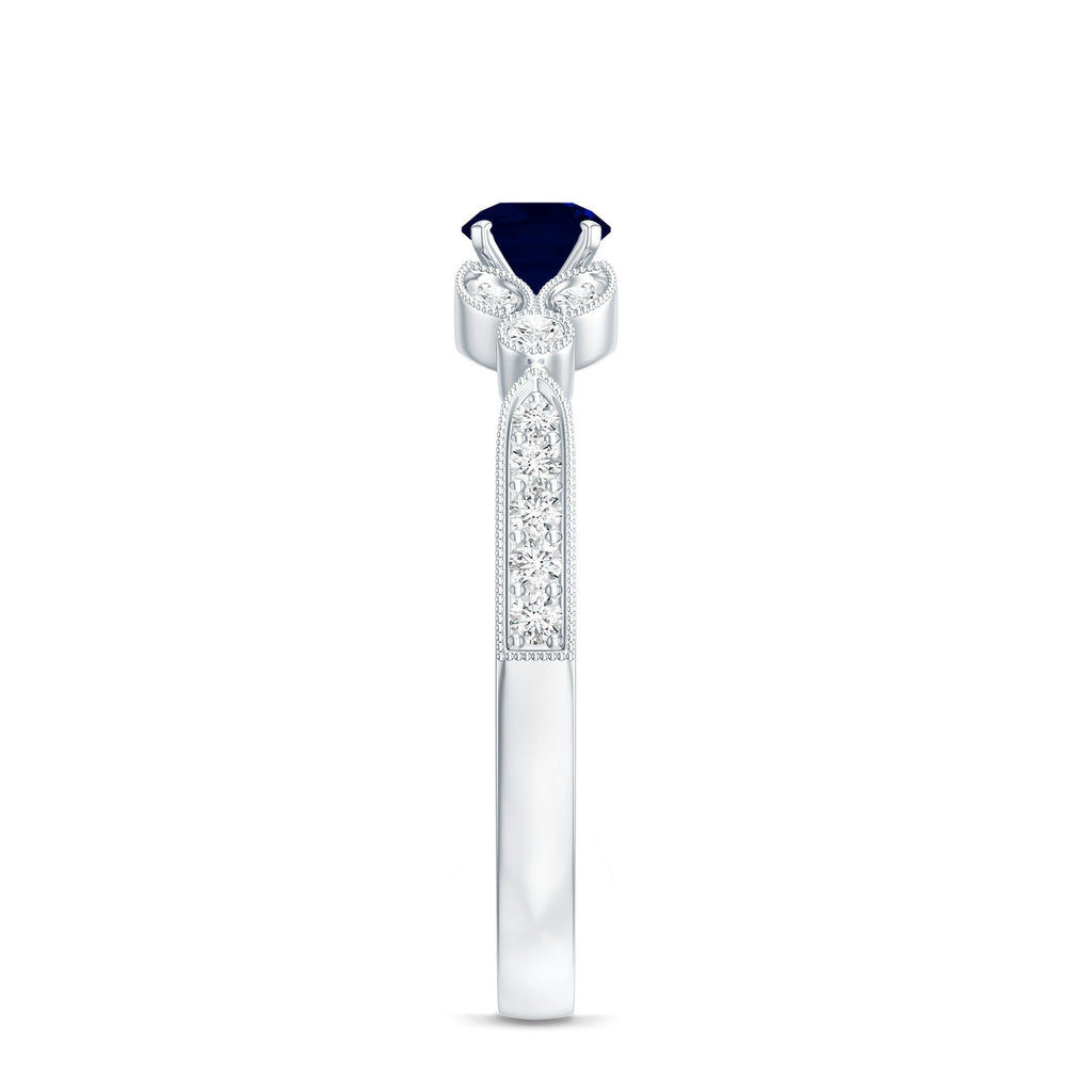 Blue Sapphire Engagement Ring, Diamond Milgrain Art Deco Band