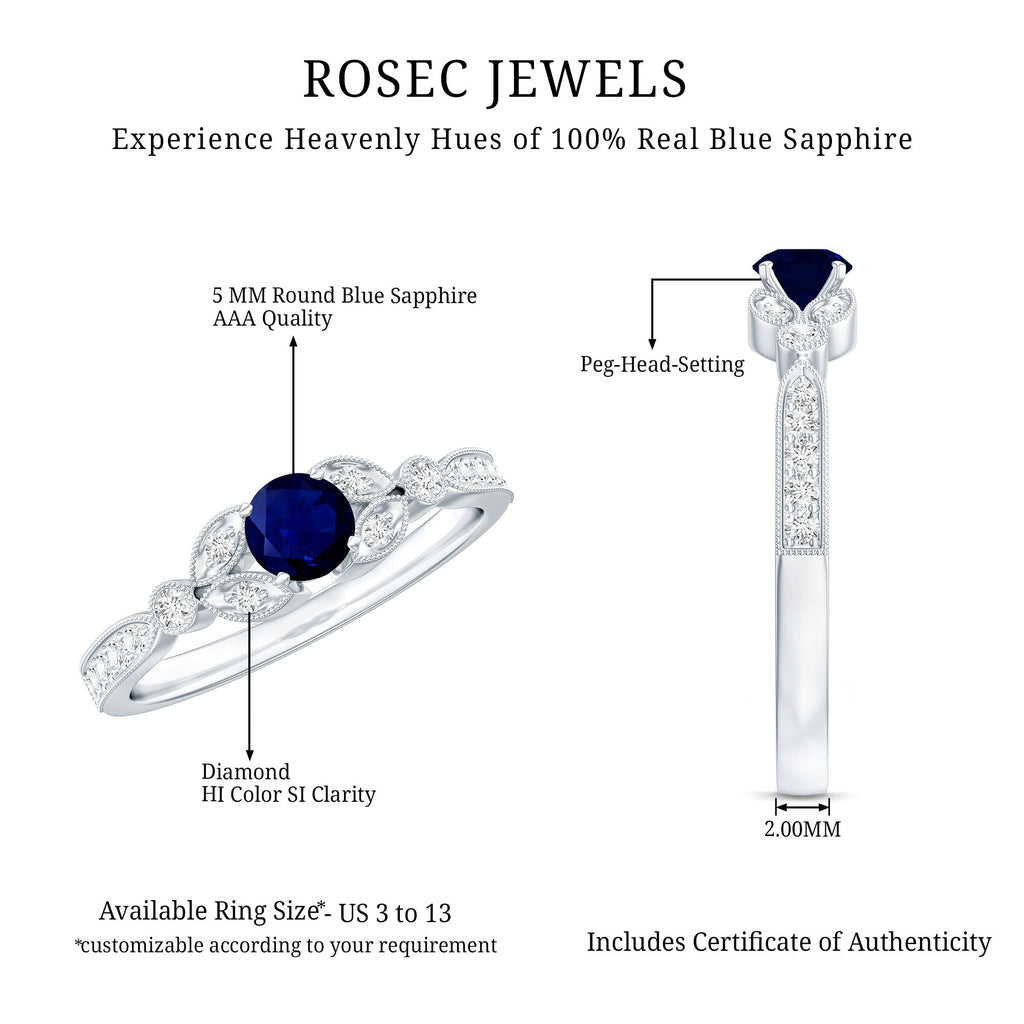 Blue Sapphire Engagement Ring, Diamond Milgrain Art Deco Band