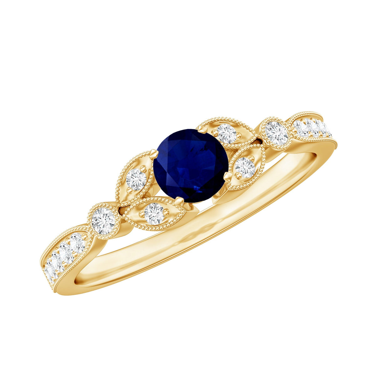 Blue Sapphire Engagement Ring, Diamond Milgrain Art Deco Band