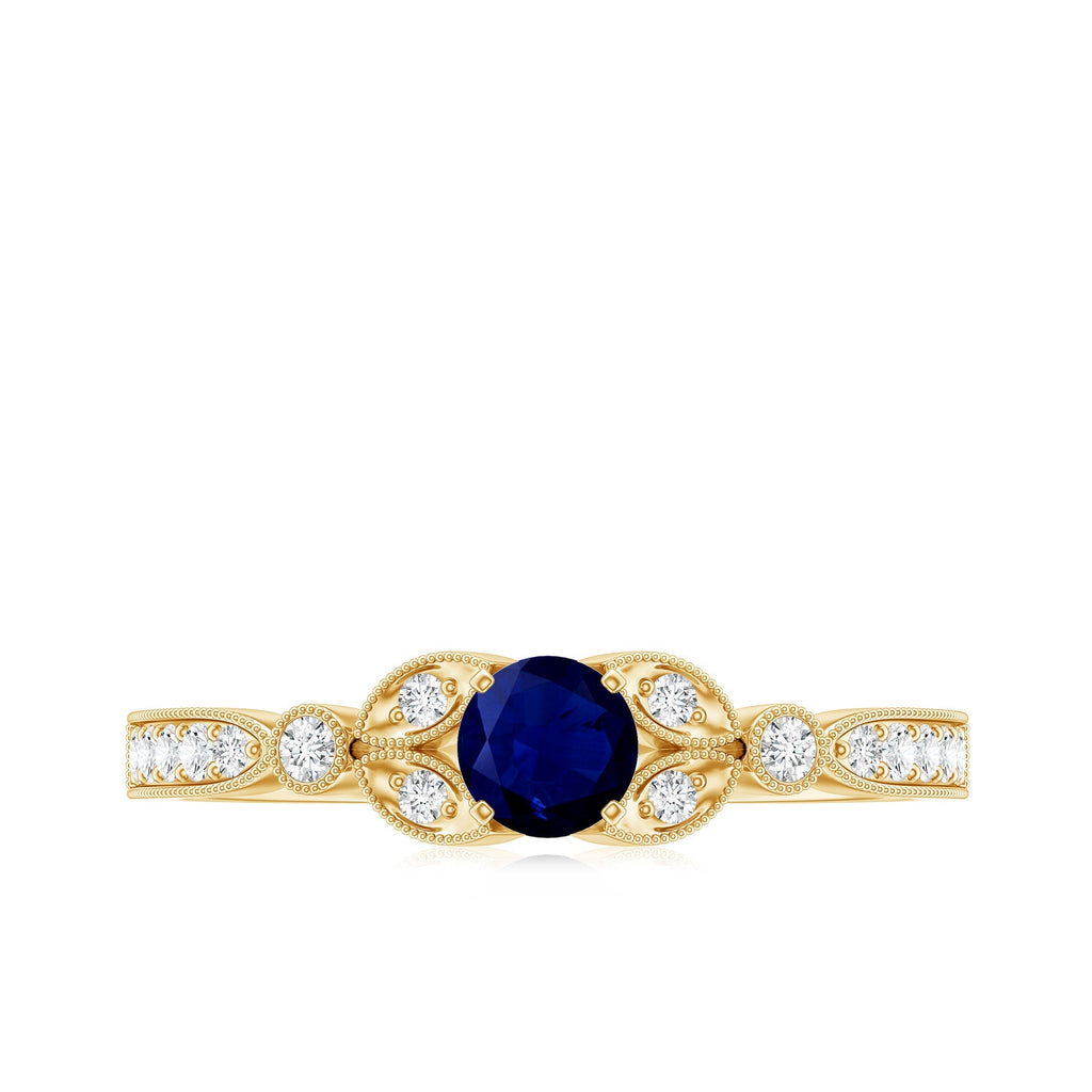 Blue Sapphire Engagement Ring, Diamond Milgrain Art Deco Band