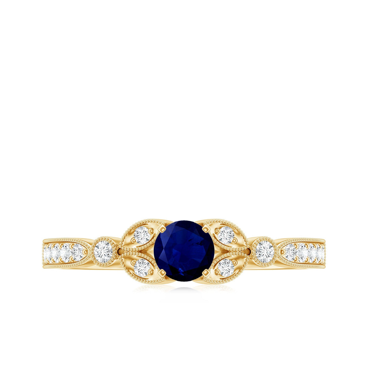 Blue Sapphire Engagement Ring, Diamond Milgrain Art Deco Band