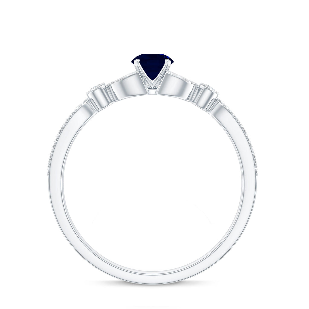 Blue Sapphire Engagement Ring, Diamond Milgrain Art Deco Band