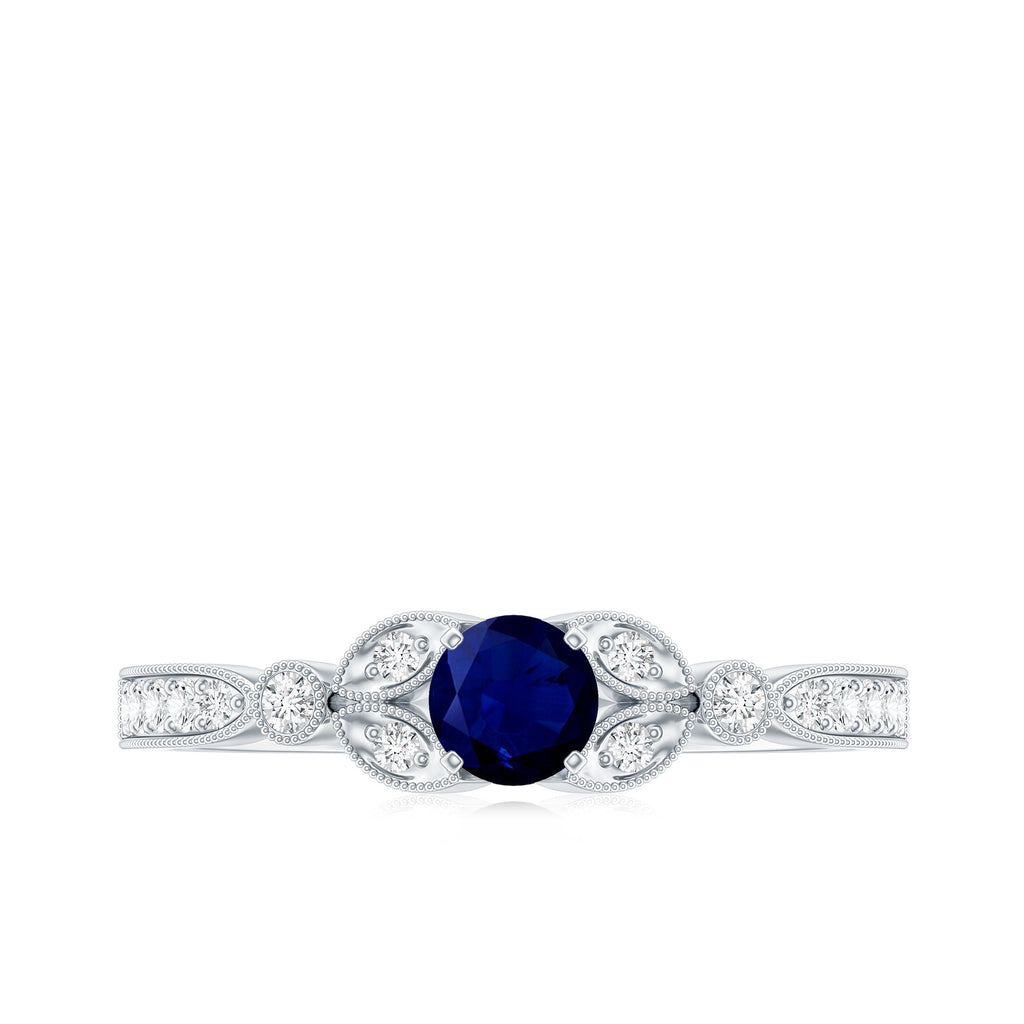 Blue Sapphire Engagement Ring, Diamond Milgrain Art Deco Band