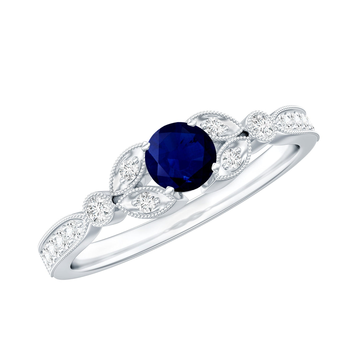 Blue Sapphire Engagement Ring, Diamond Milgrain Art Deco Band