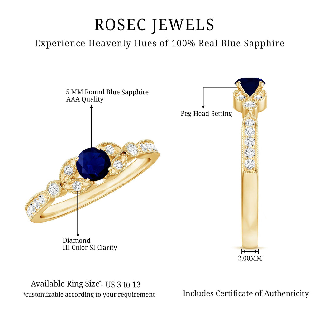 Blue Sapphire Engagement Ring, Diamond Milgrain Art Deco Band