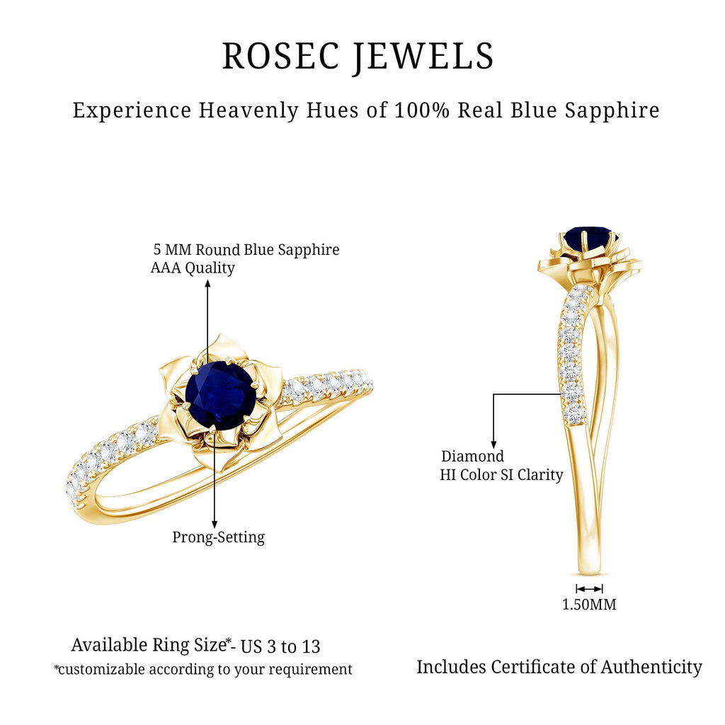Blue Sapphire Engagement Ring Diamond Rose Flower Design
