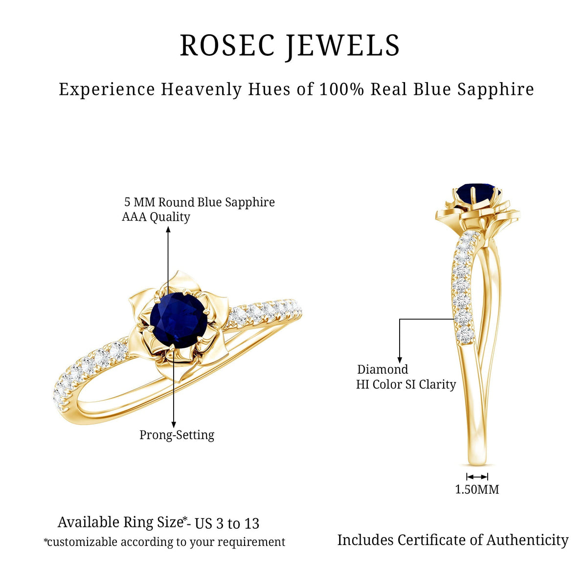 Blue Sapphire Engagement Ring Diamond Rose Flower Design