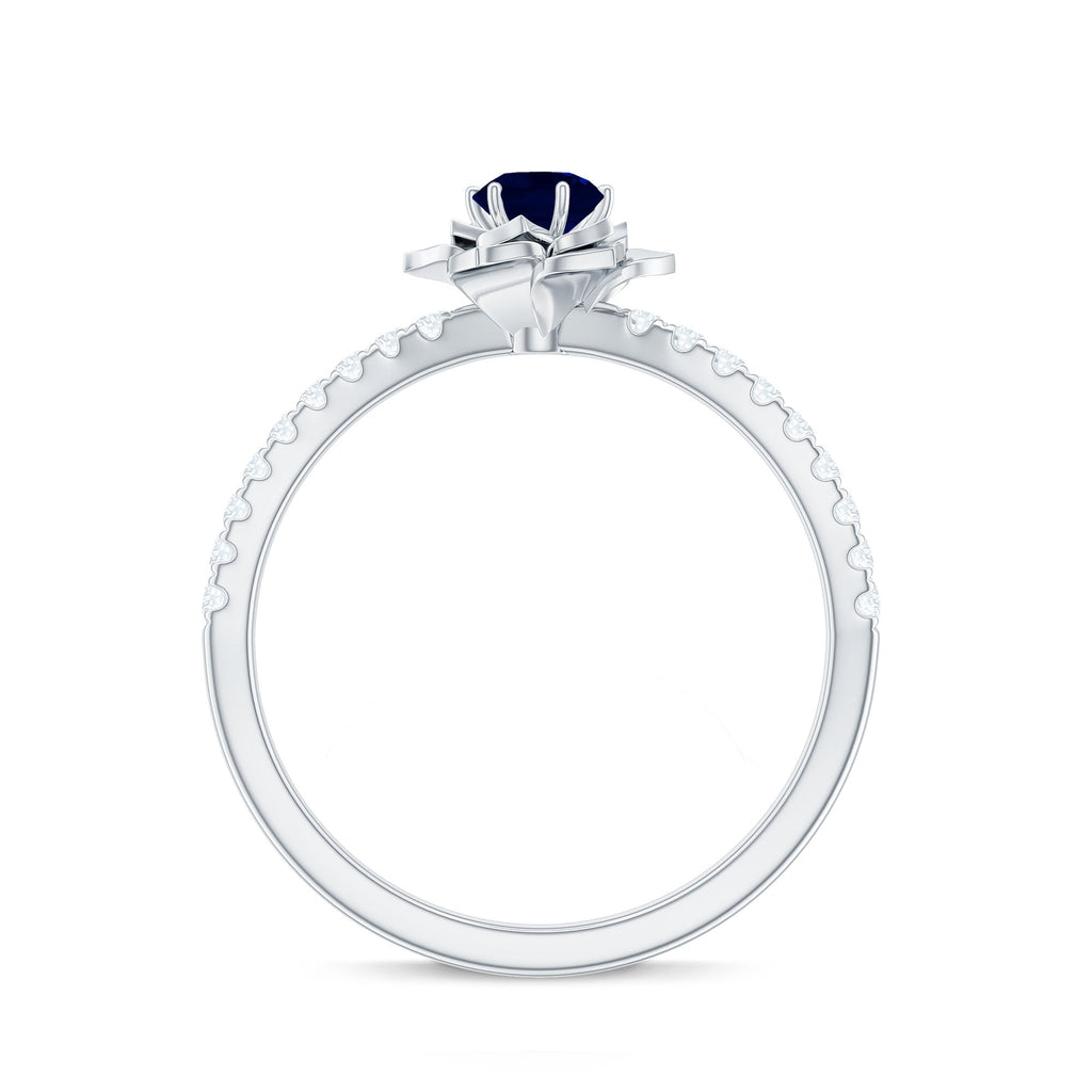 Blue Sapphire Engagement Ring Diamond Rose Flower Design