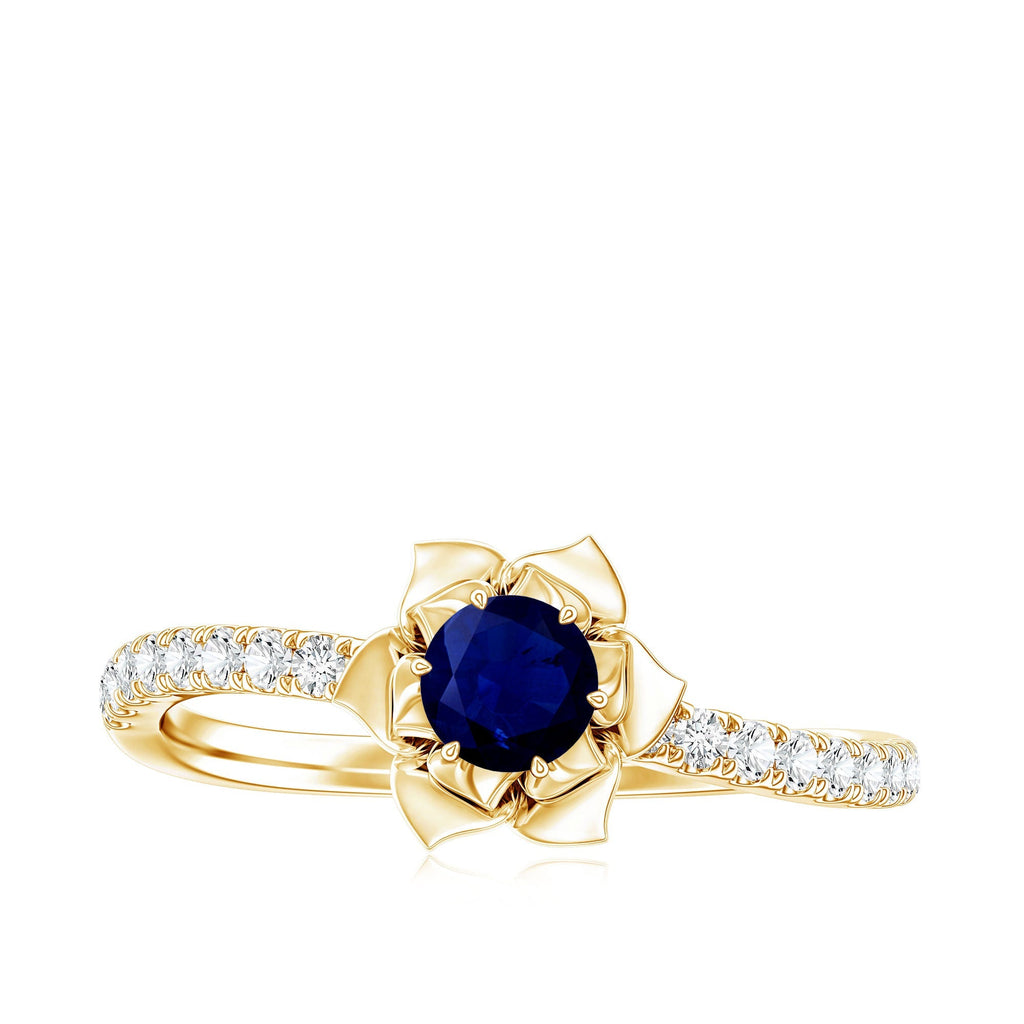 Blue Sapphire Engagement Ring Diamond Rose Flower Design