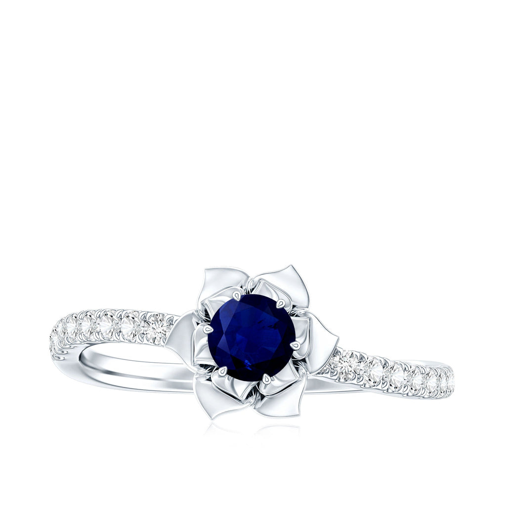 Blue Sapphire Engagement Ring Diamond Rose Flower Design