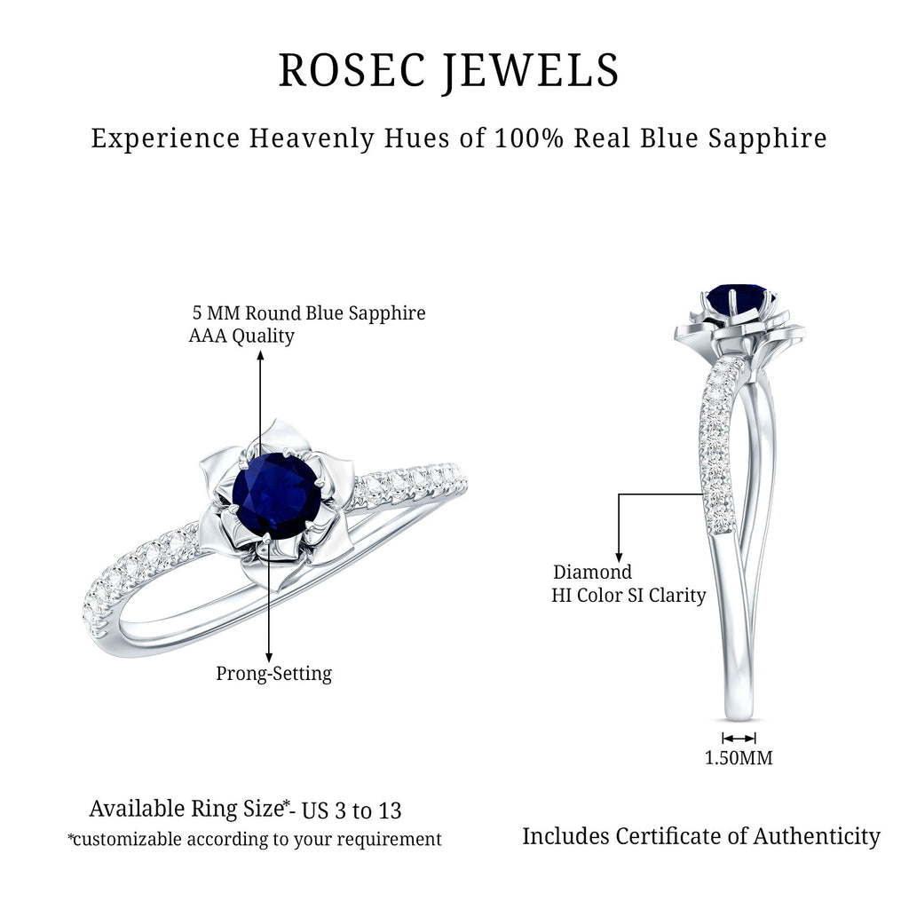 Blue Sapphire Engagement Ring Diamond Rose Flower Design