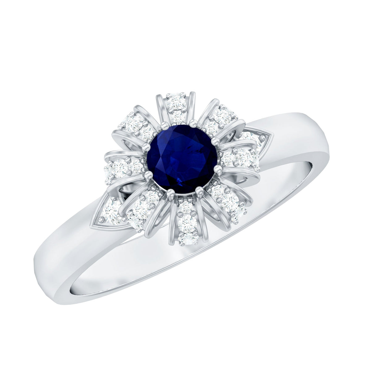 Blue Sapphire Engagement Ring Flower Design With Diamond Accents