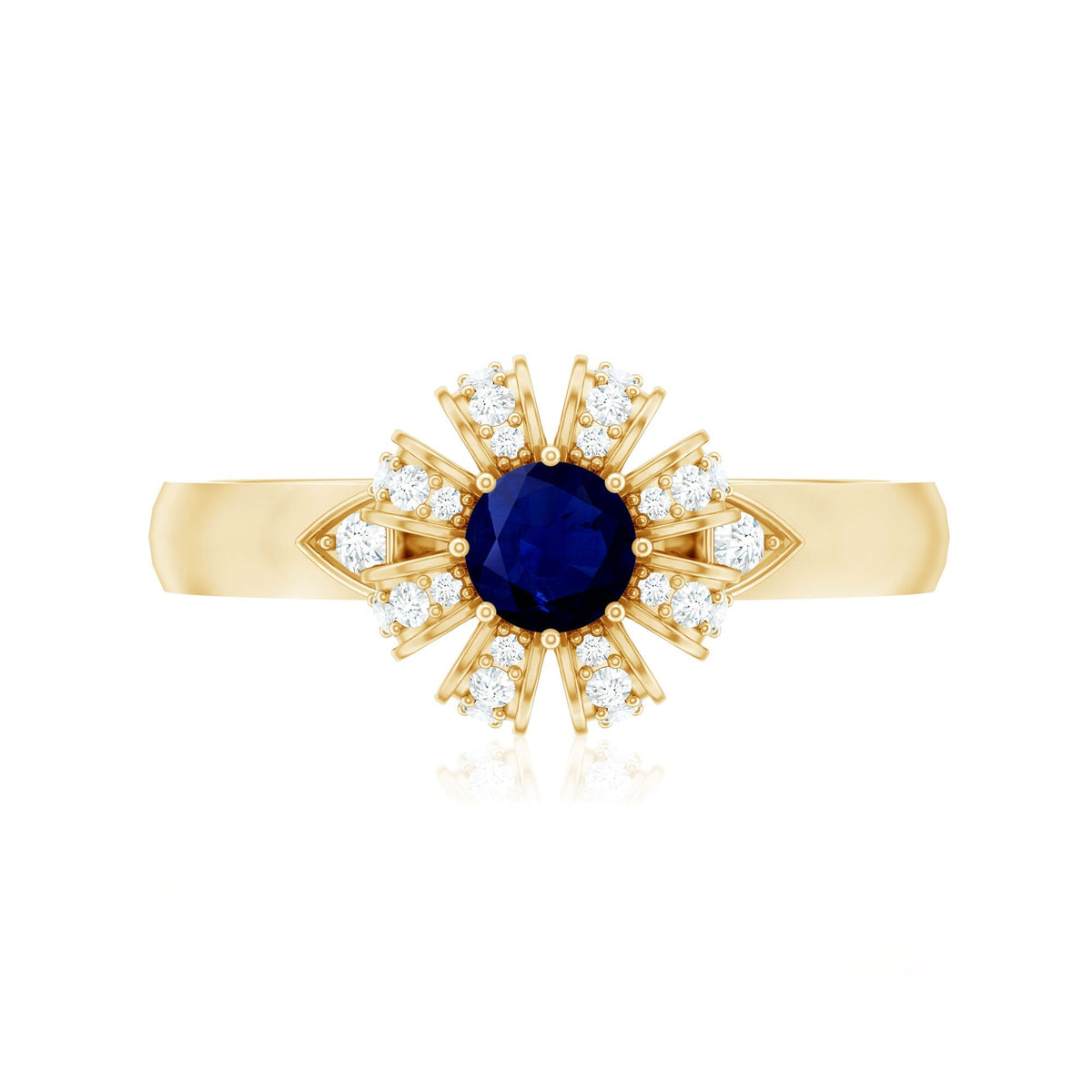 Blue Sapphire Engagement Ring Flower Design With Diamond Accents
