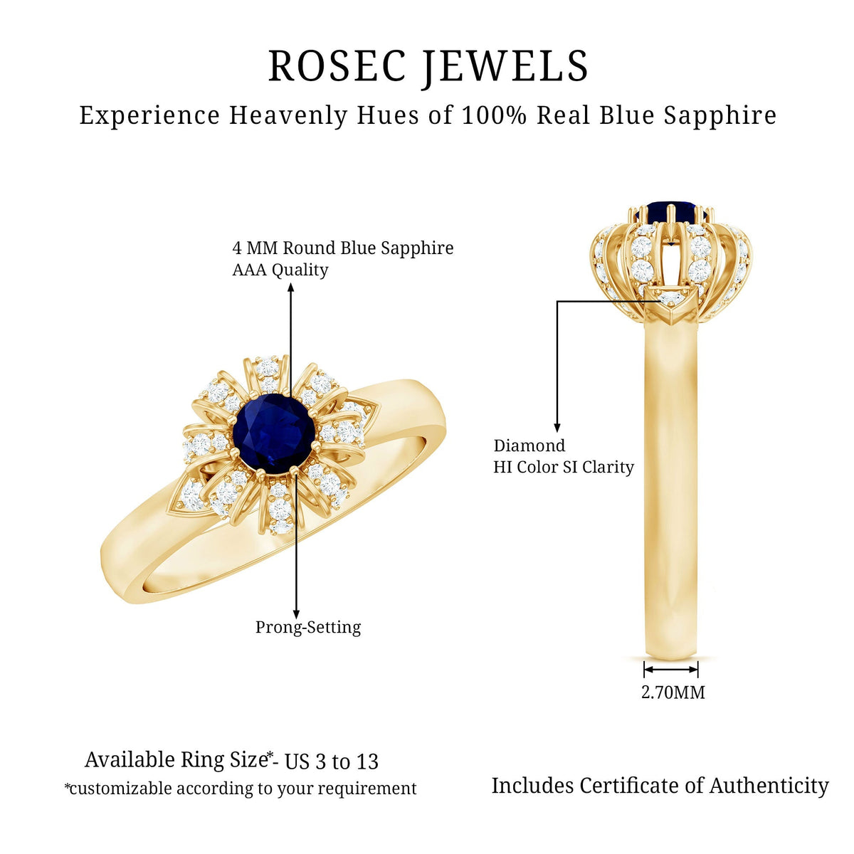Blue Sapphire Engagement Ring Flower Design With Diamond Accents