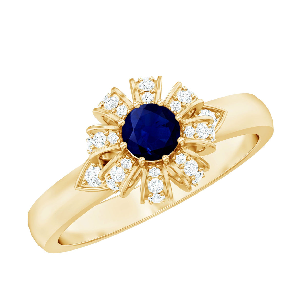 Blue Sapphire Engagement Ring Flower Design With Diamond Accents