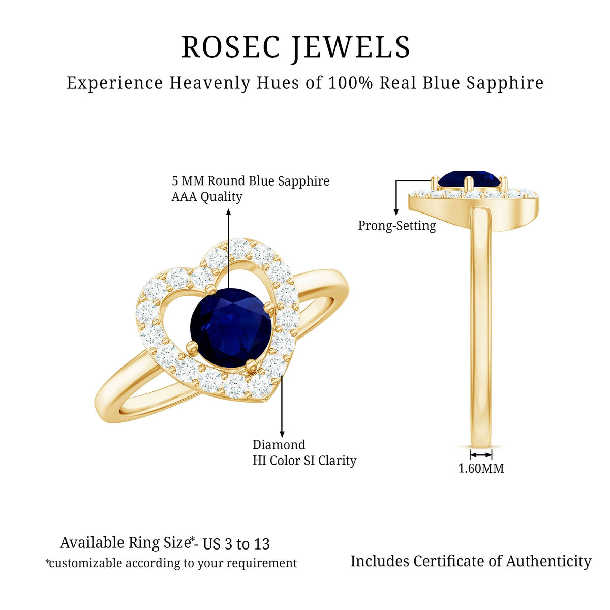 Blue Sapphire Engagement Ring Heart Diamond Ring 0.95 Ct AAA