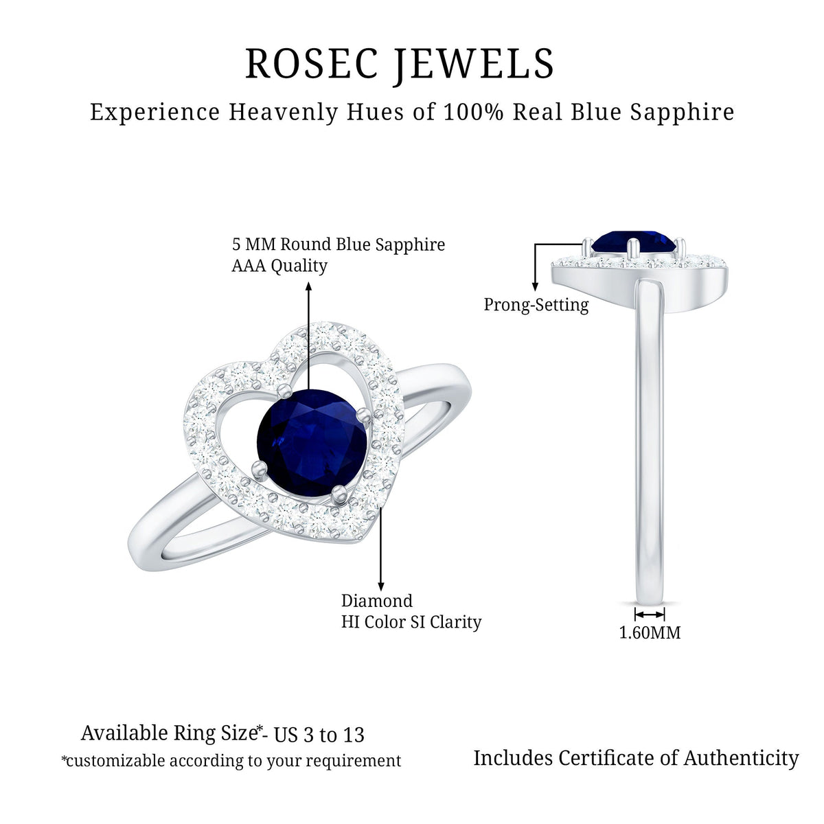 Blue Sapphire Engagement Ring Heart Diamond Ring 0.95 Ct AAA