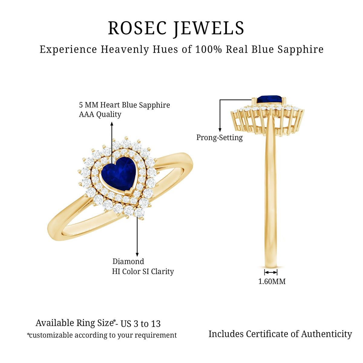 Blue Sapphire Engagement Ring, Heart Double Halo Diamond Ring