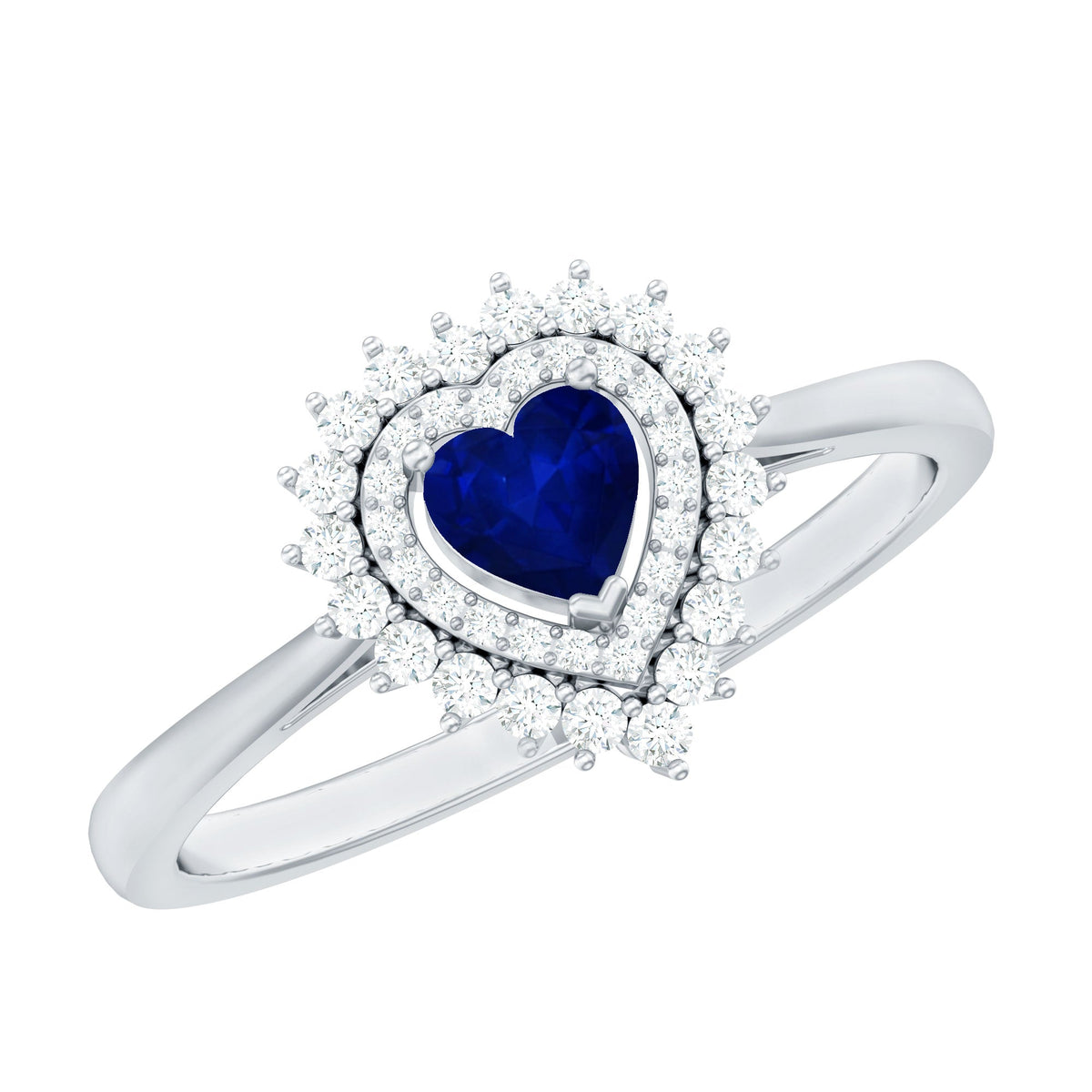 Blue Sapphire Engagement Ring, Heart Double Halo Diamond Ring