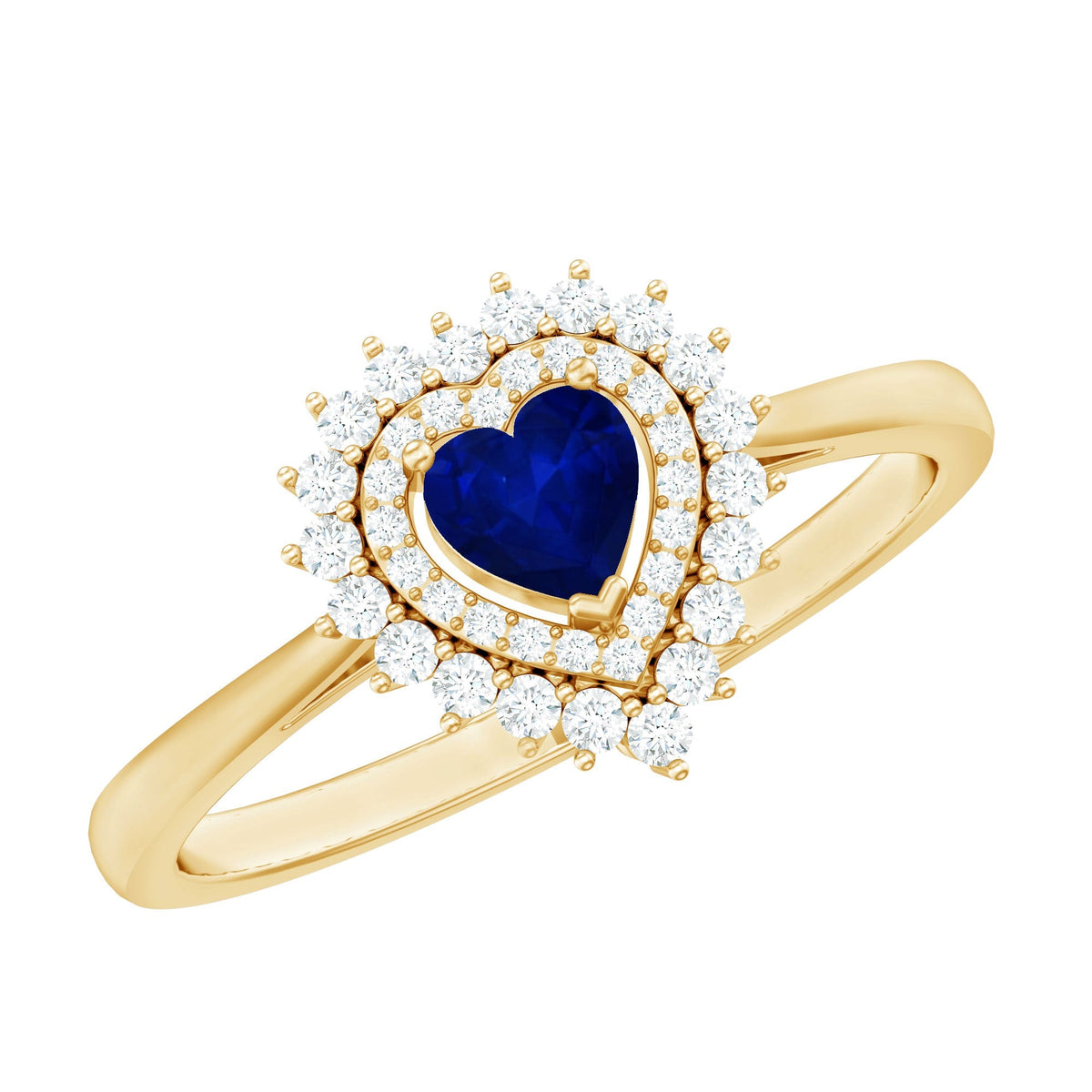 Blue Sapphire Engagement Ring, Heart Double Halo Diamond Ring