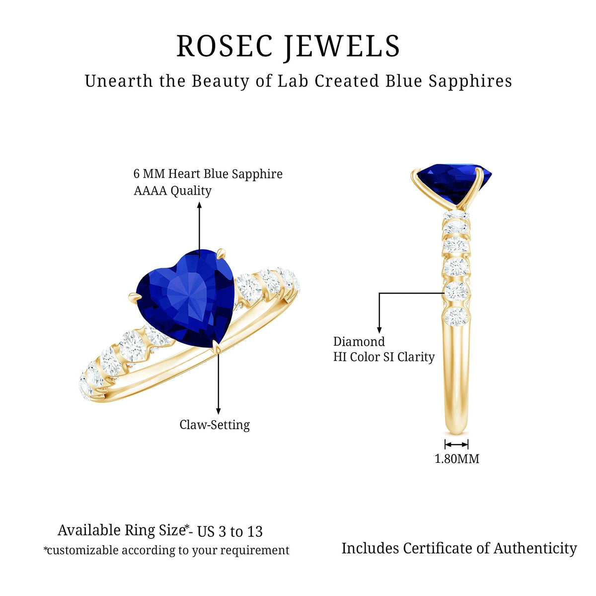 Blue Sapphire Engagement Ring, Heart Lab Created Sapphire Diamond