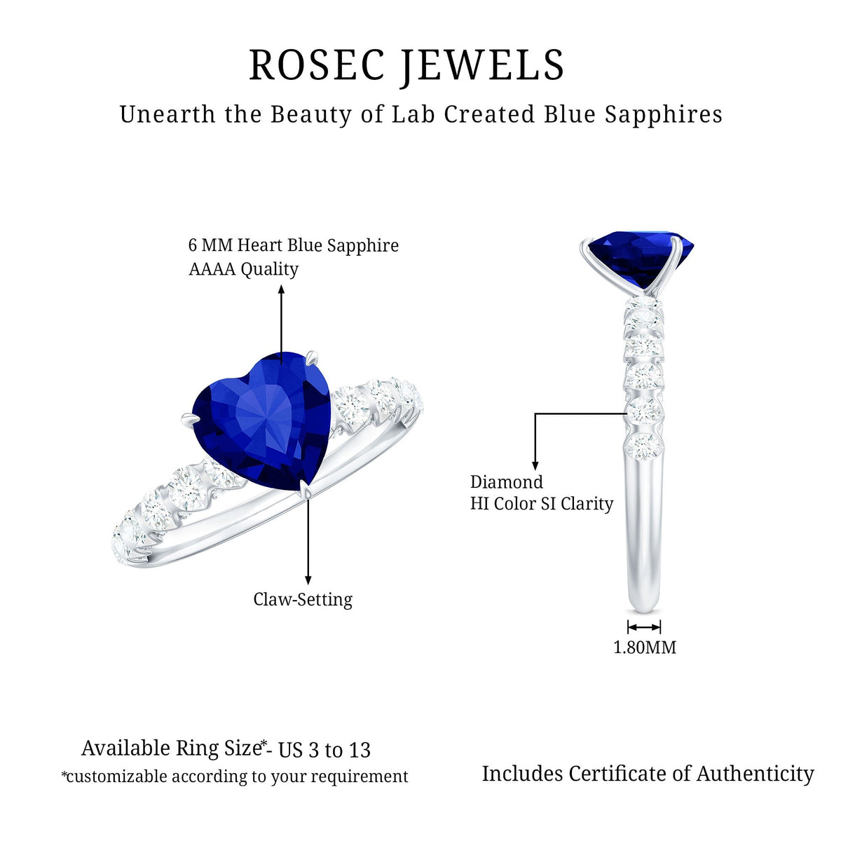 Blue Sapphire Engagement Ring, Heart Lab Created Sapphire Diamond