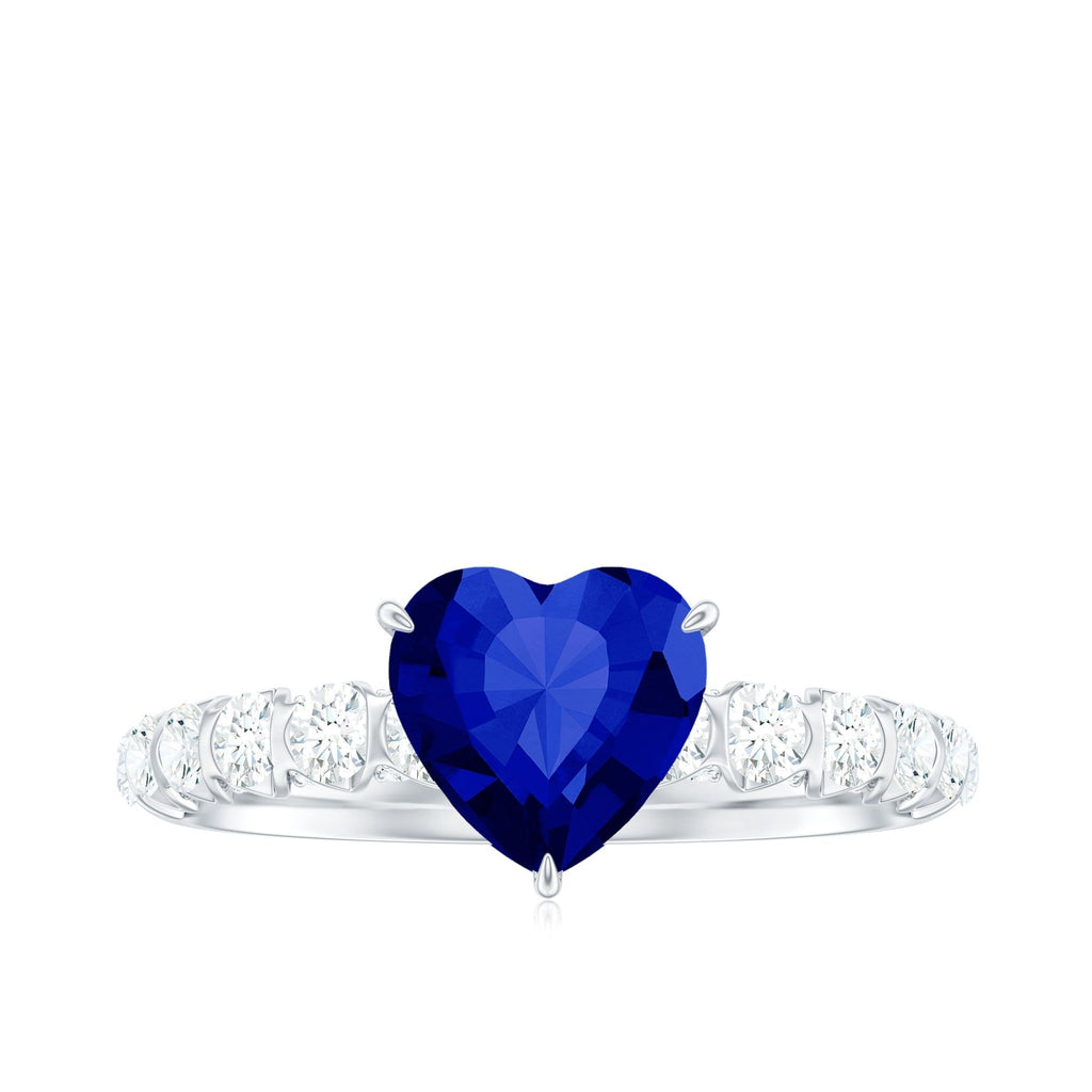 Blue Sapphire Engagement Ring, Heart Lab Created Sapphire Diamond