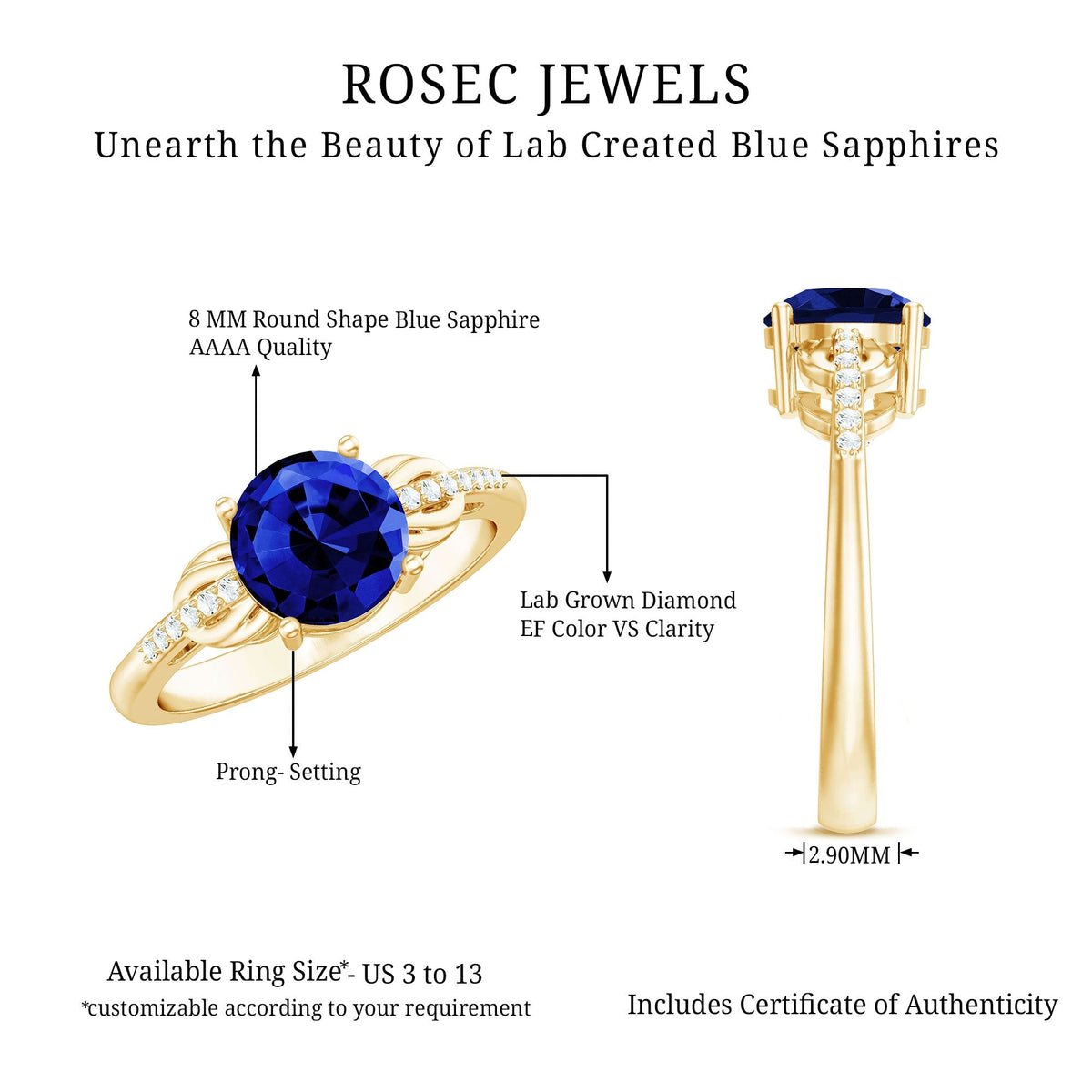 Blue Sapphire Engagement Ring, Lab Grown Diamond Bow Ring