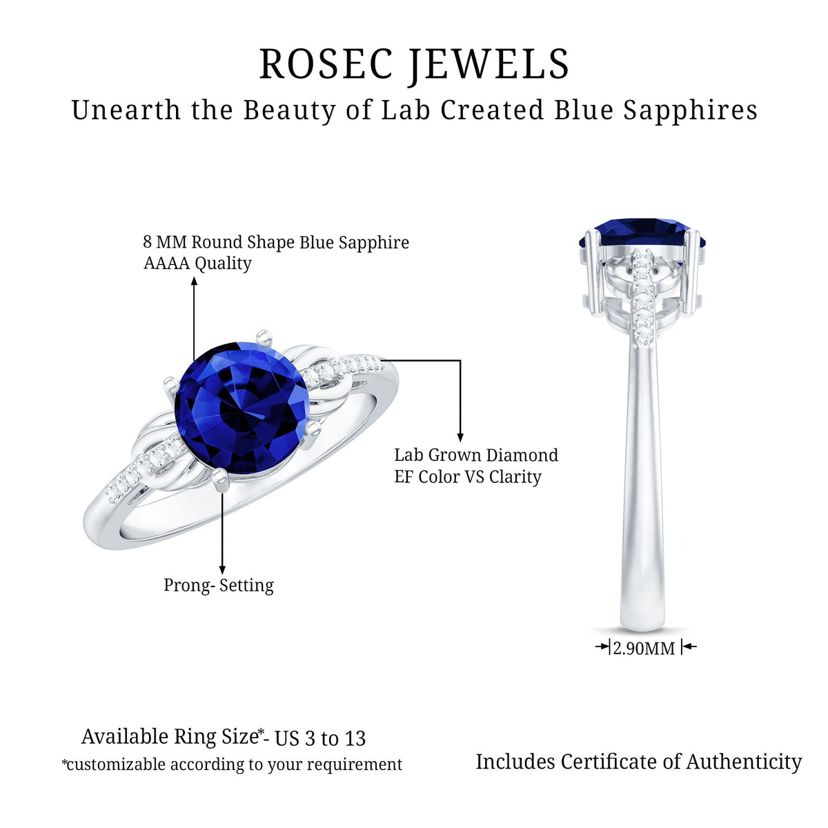 Blue Sapphire Engagement Ring, Lab Grown Diamond Bow Ring