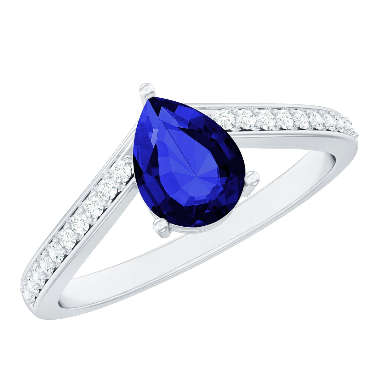 Blue Sapphire Engagement Ring, Lab Grown Diamond Chevron Band