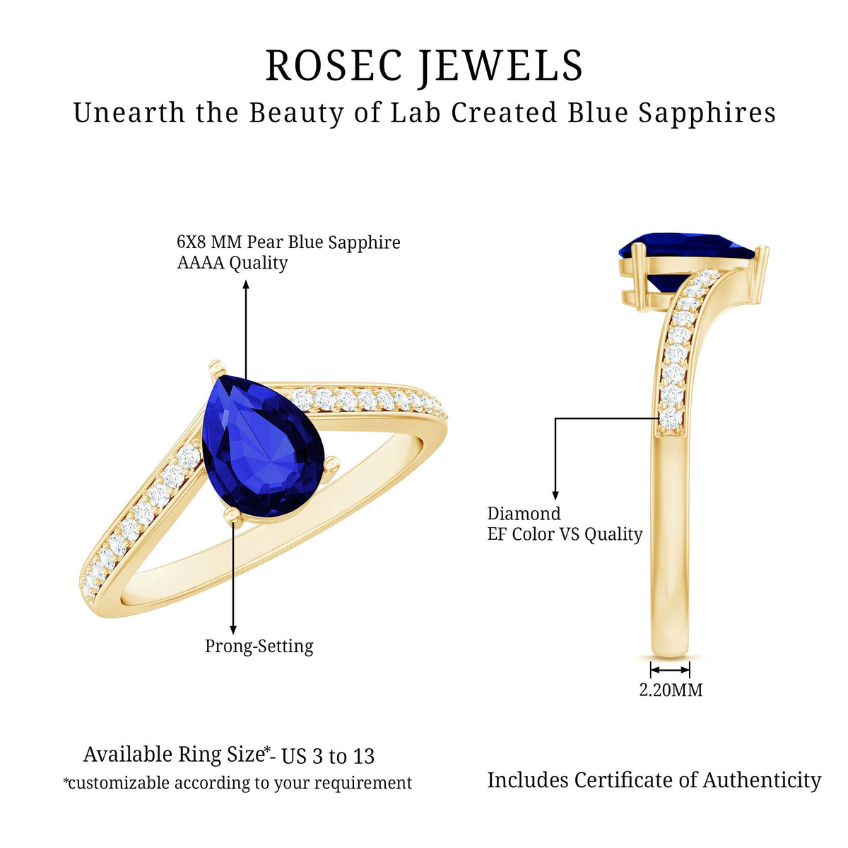 Blue Sapphire Engagement Ring, Lab Grown Diamond Chevron Band