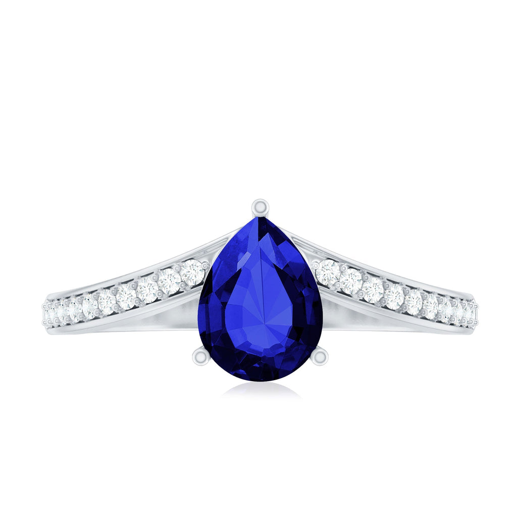 Blue Sapphire Engagement Ring, Lab Grown Diamond Chevron Band