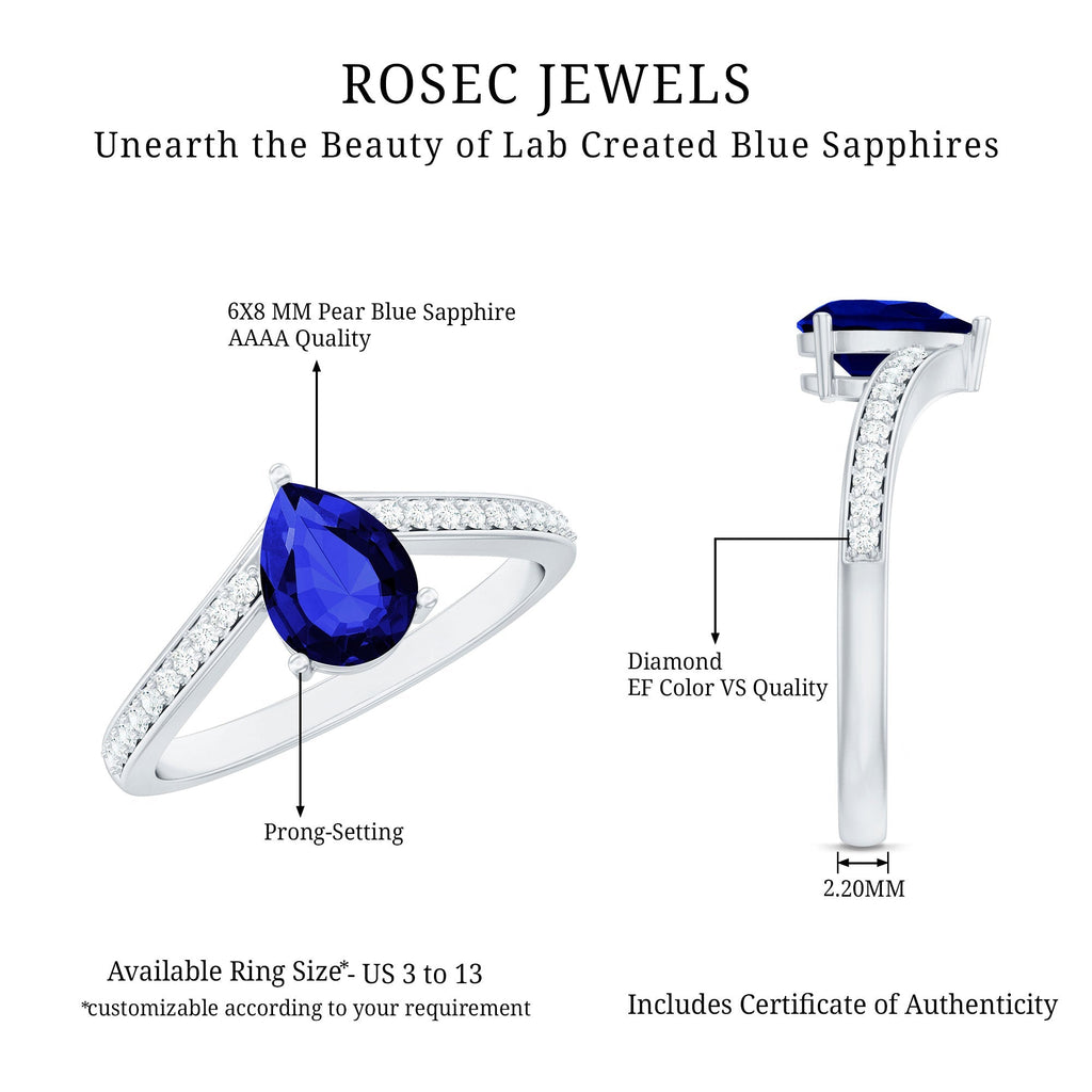 Blue Sapphire Engagement Ring, Lab Grown Diamond Chevron Band