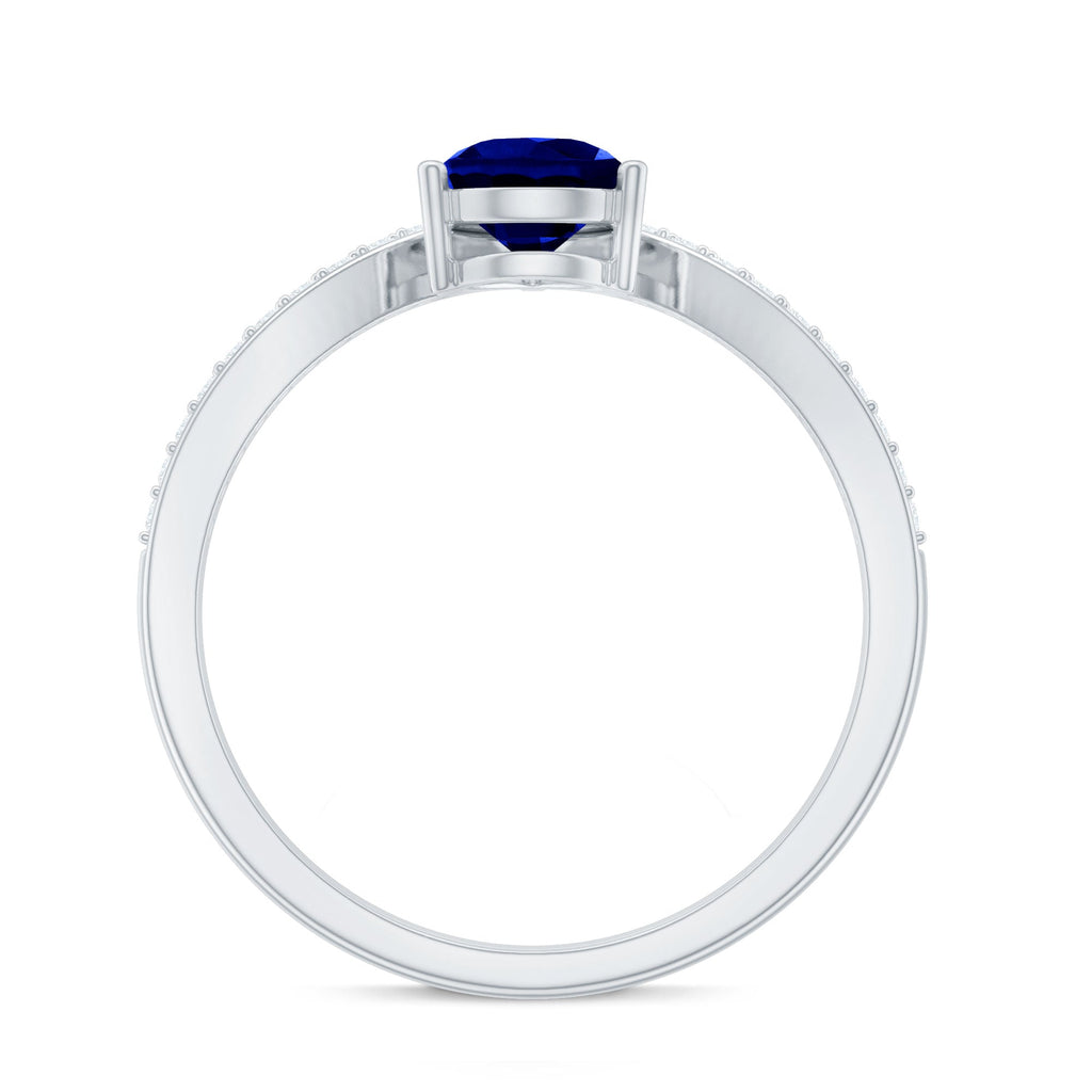 Blue Sapphire Engagement Ring, Lab Grown Diamond Chevron Band