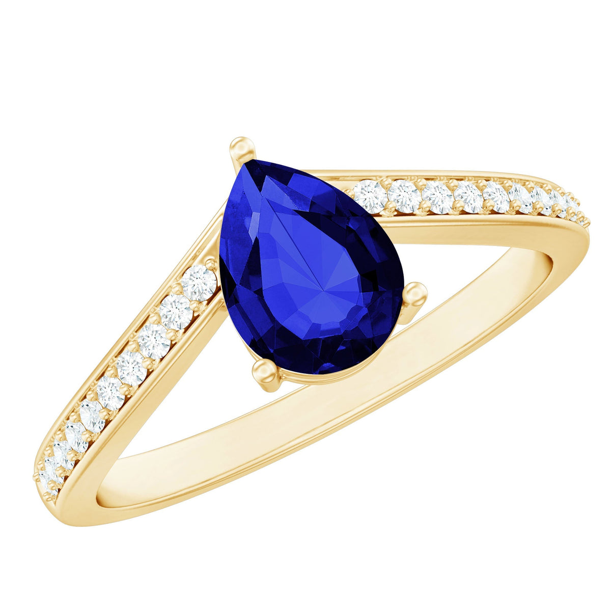 Blue Sapphire Engagement Ring, Lab Grown Diamond Chevron Band