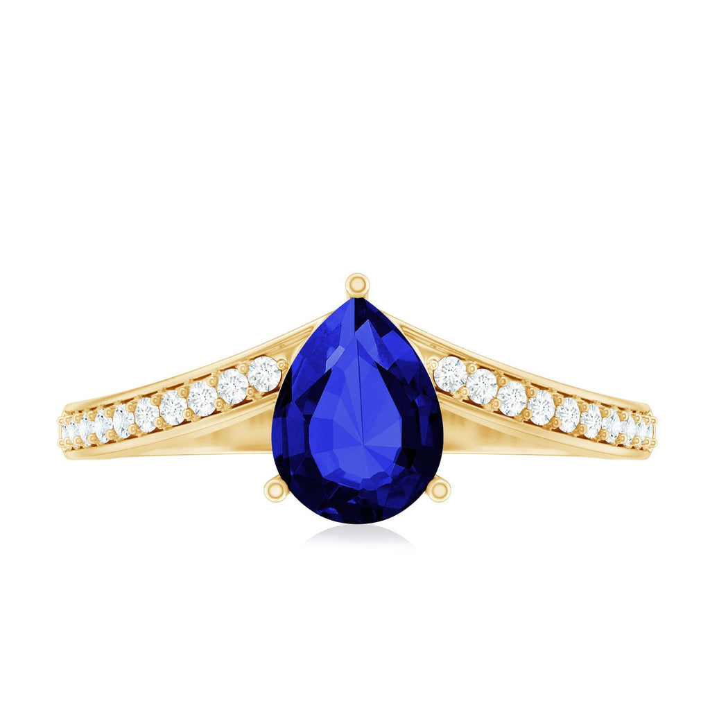 Blue Sapphire Engagement Ring, Lab Grown Diamond Chevron Band