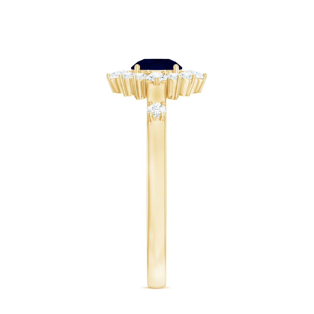 Blue Sapphire Engagement Ring, Natural 0.9 Carat Diamond Halo
