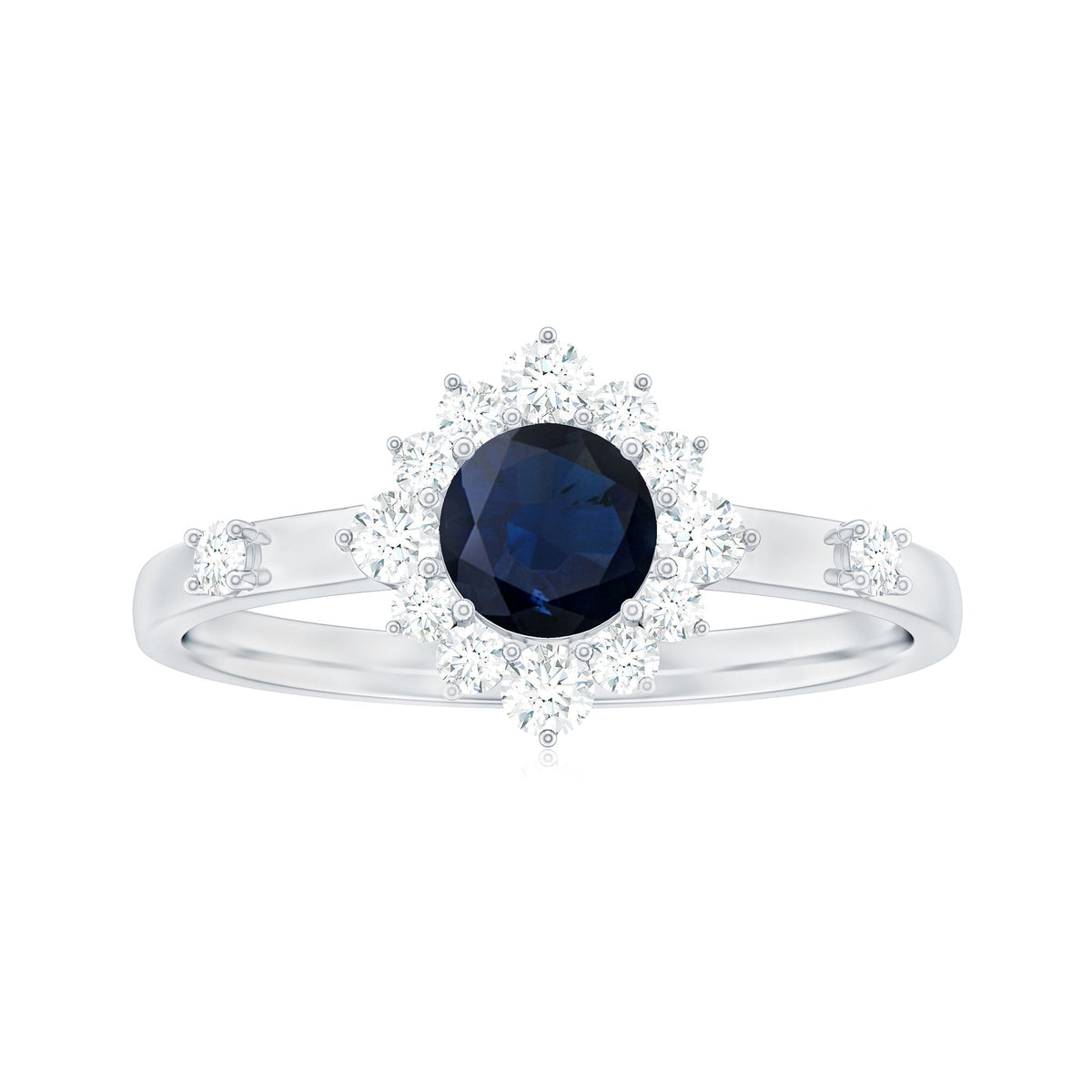 Blue Sapphire Engagement Ring, Natural 0.9 Carat Diamond Halo