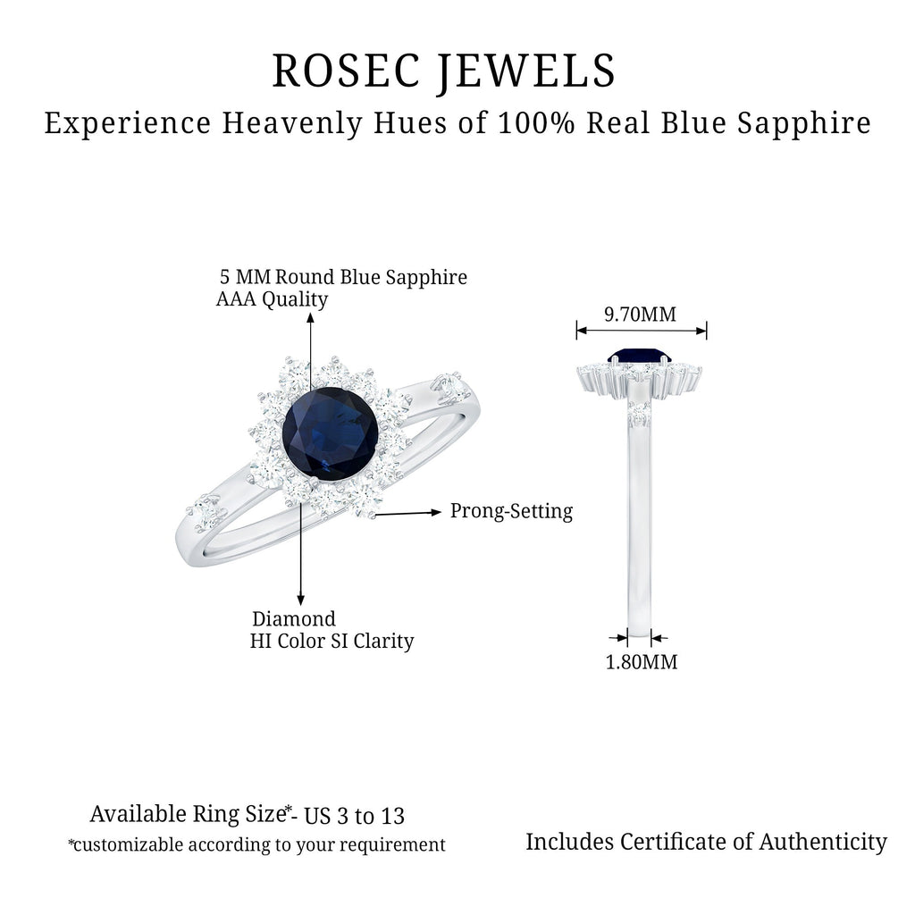 Blue Sapphire Engagement Ring, Natural 0.9 Carat Diamond Halo